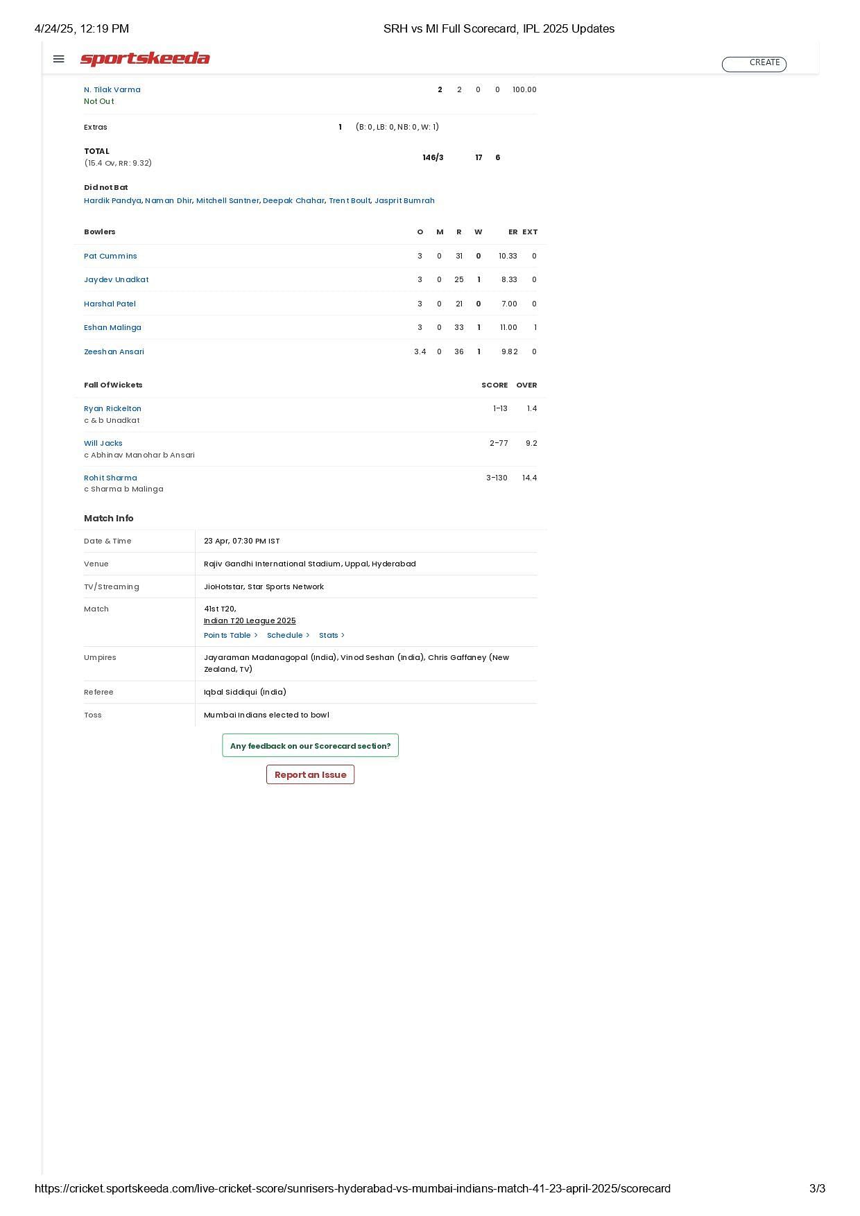 SRH vs MI 2025 scorecard.